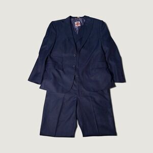 English Laundry Mens 3 Piece Suit Navy Plaid 42R 35W Blazer Vest Pants E124V